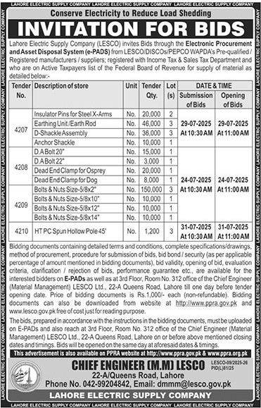 Lahore Electric Supply Company Lahore Tender Notice